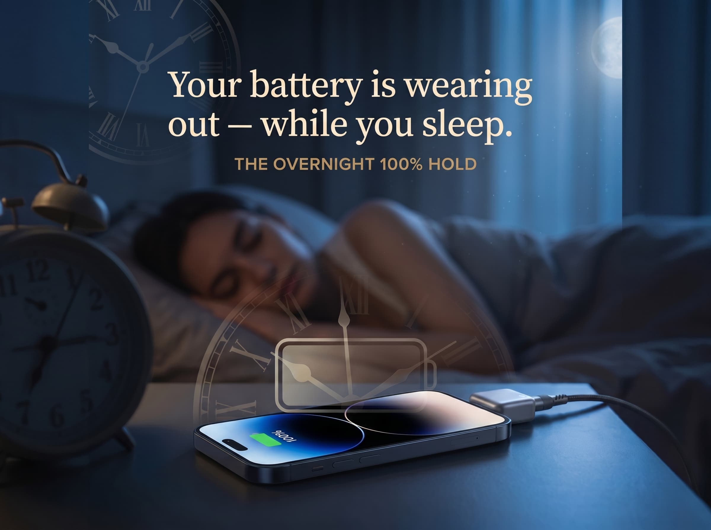 A phone charging on a nightstand showing 100% overnight while its owner sleeps — the Overnight 100% Hold